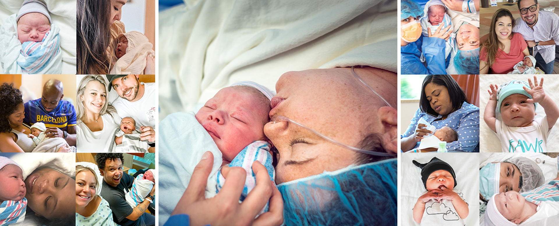 collage of parents with newborns