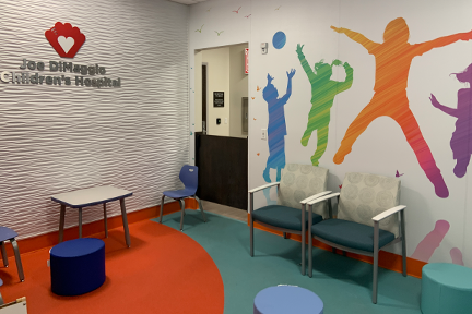 Joe DiMaggio Children's Hospital waiting area with wall mural at Memorial Hospital Miramar MOB 2