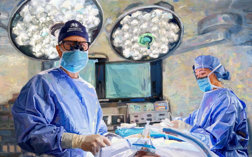 Doctor Pastor in the operating room with OR nurse, the patient is in the operating table with a mask on