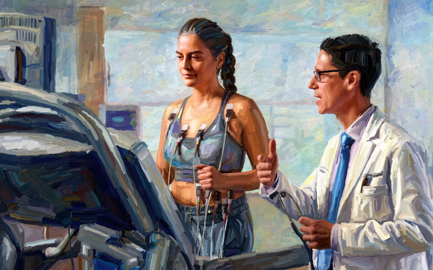 Patient on a stress test on a treadmill, doctor is next to her walking her through it.