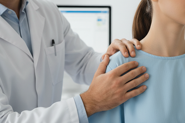 doctor examining patient's shoulder