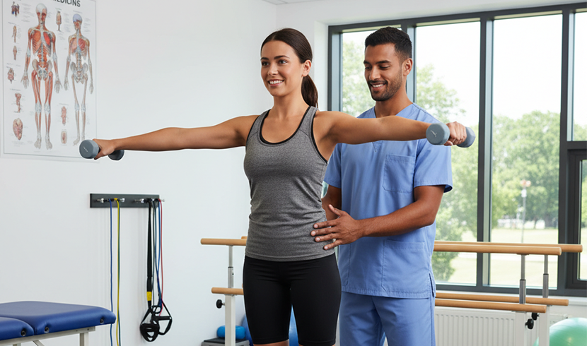 physical therapist working with patient with hand weights
