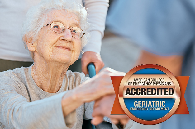 Senior woman with a nurse. Accredited Bronze Badge for Geriatric Emergency Department from the American College of Emergency Physicians