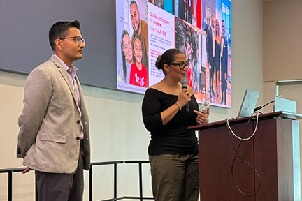 Noelia speaking at stroke survivors reunion alongside Dr. Ashwin Mehta