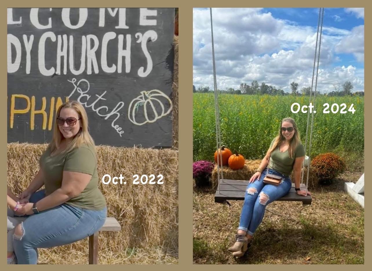A photo showing Elizabeth before and after